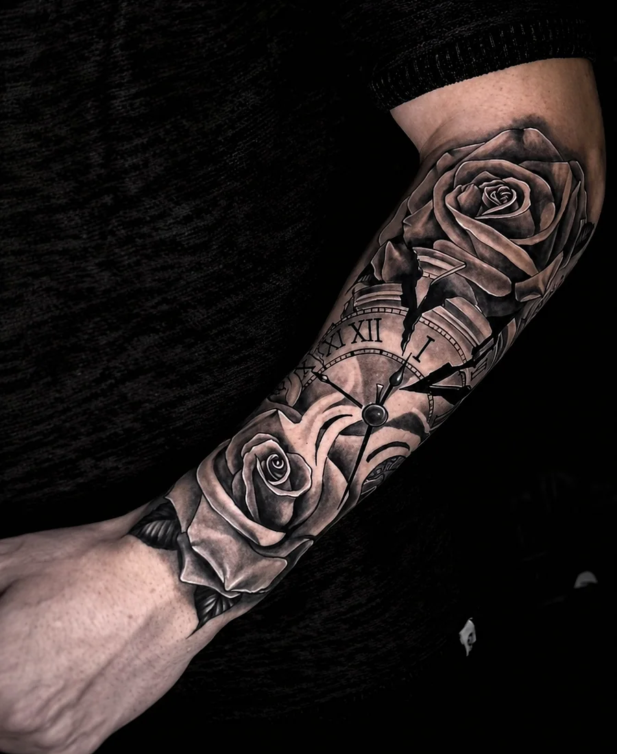 Rose and clock sleeve cover-up tattoo after planning.
