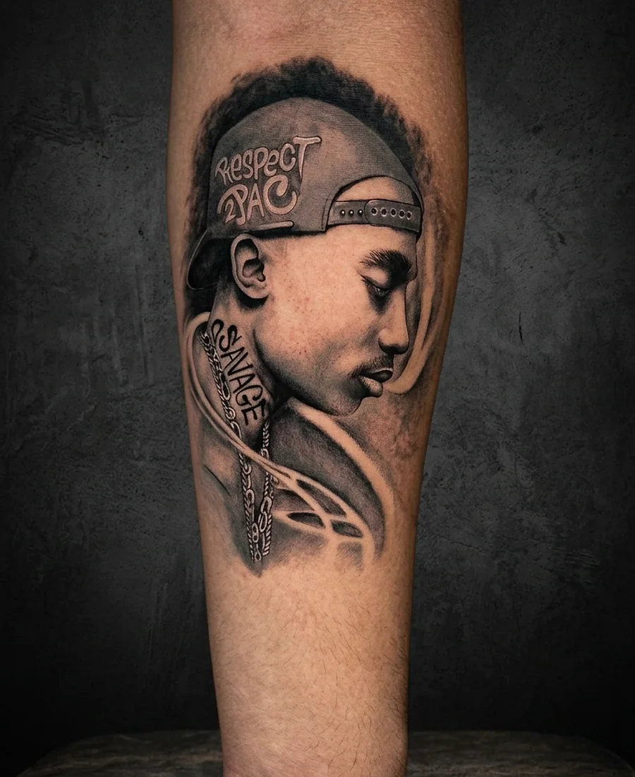 High-contrast portrait tattoo after cover-up work.