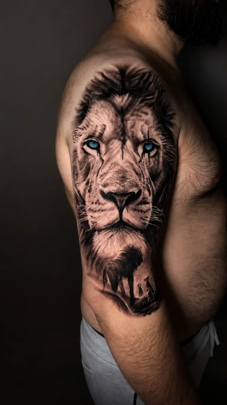 Black and grey realism lion tattoo with blue eyes on the upper arm.