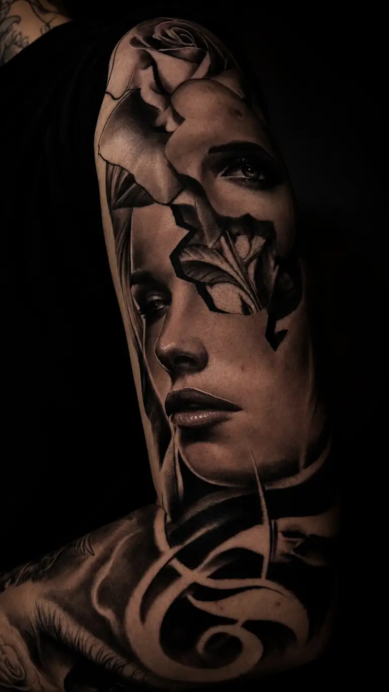 Black and grey realism portrait with floral tattoo on the upper arm.
