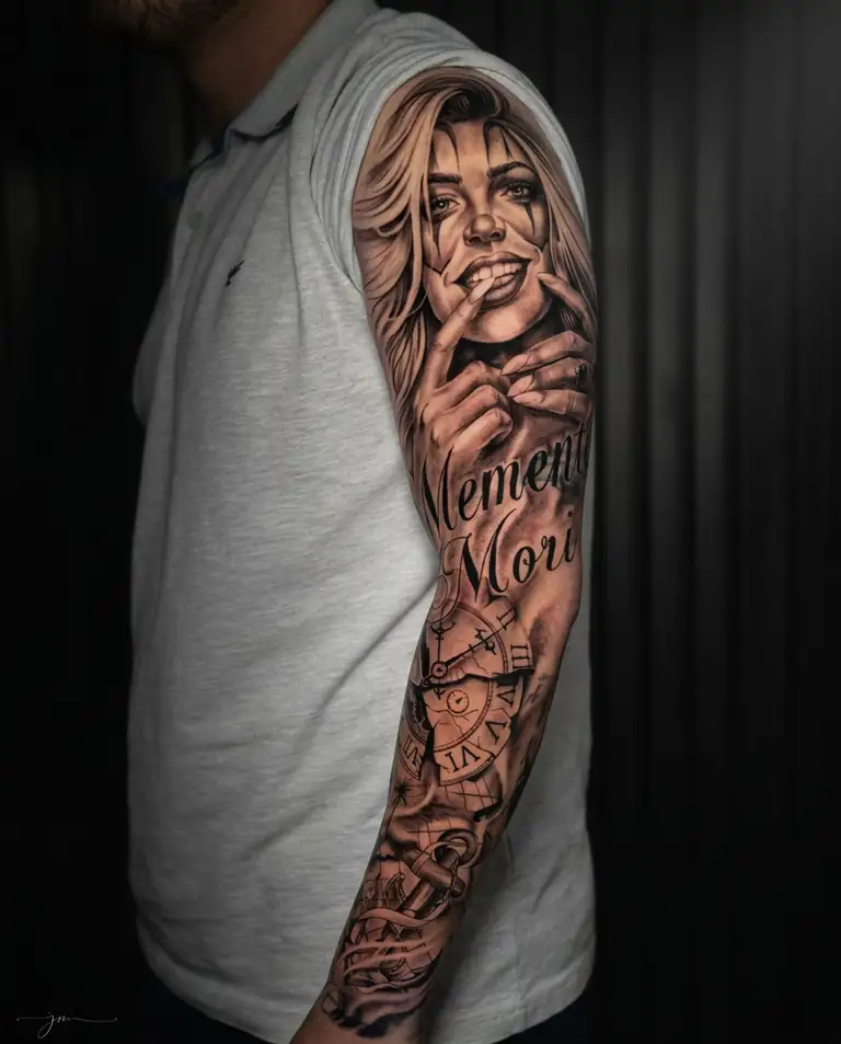 Black and grey realism memento mori sleeve tattoo.