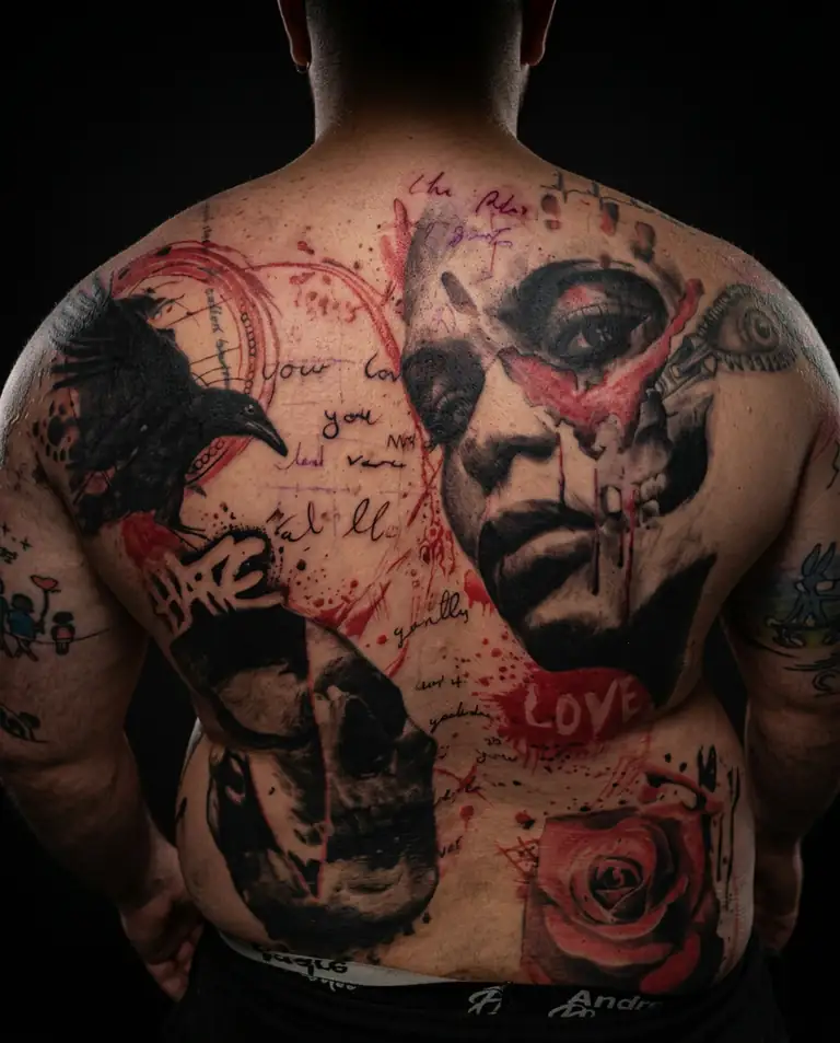 Abstract realism red and black backpiece tattoo.