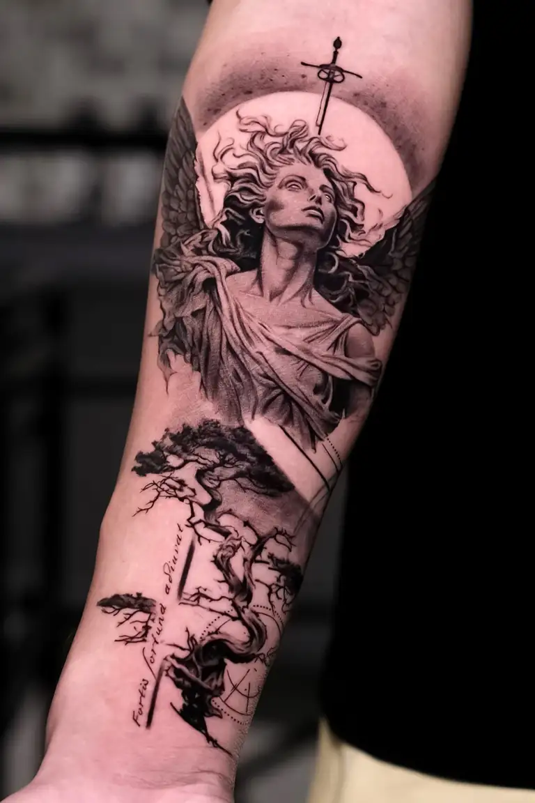 Black and grey classical realism angel statue collage tattoo.