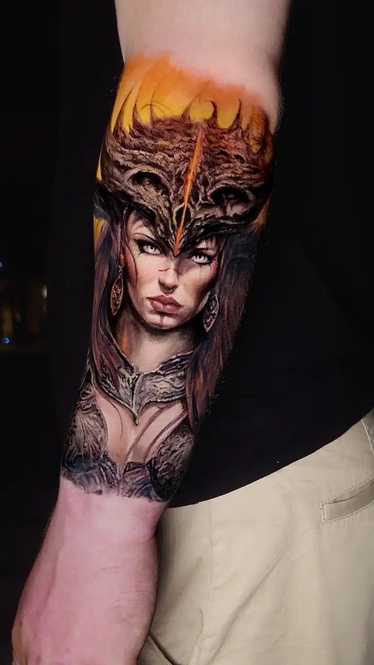 Color fantasy realism illustrative portrait tattoo.