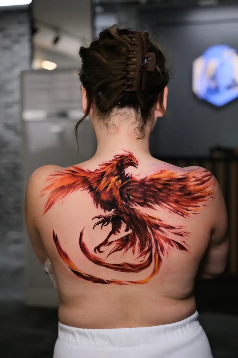 Color illustrative watercolor phoenix tattoo.