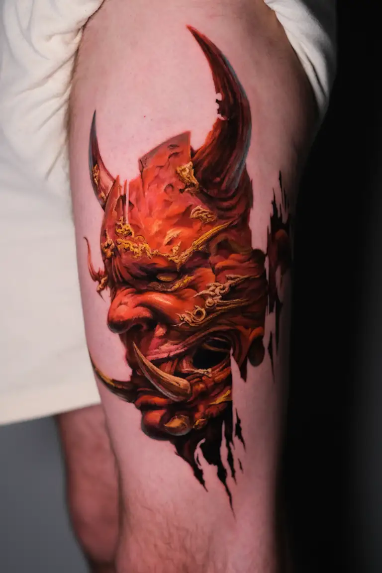Color realism neo-Japanese oni mask tattoo.