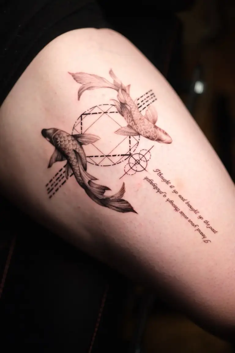 İnce dotwork detaylı fine line geometrik koi dövmesi.