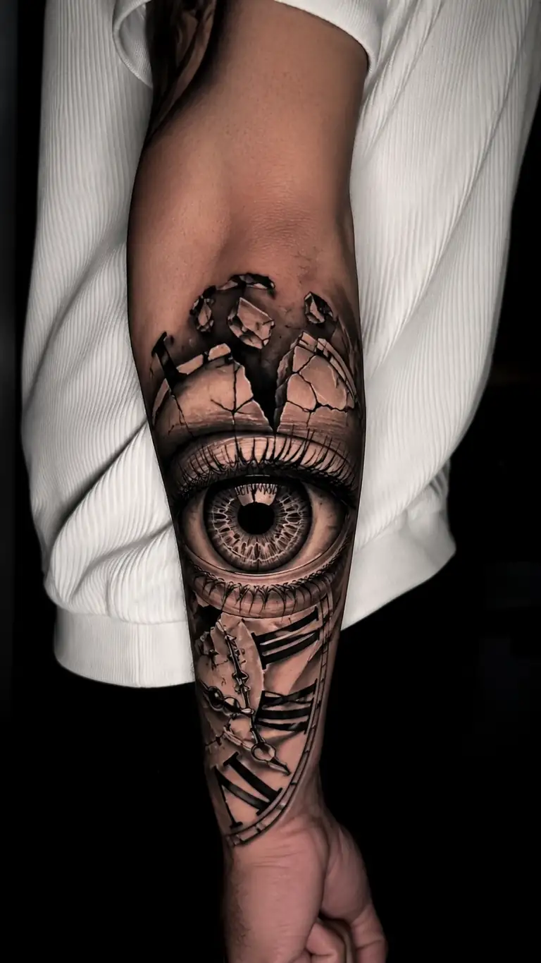 Black and grey realism forearm tattoo with eye and clock details.