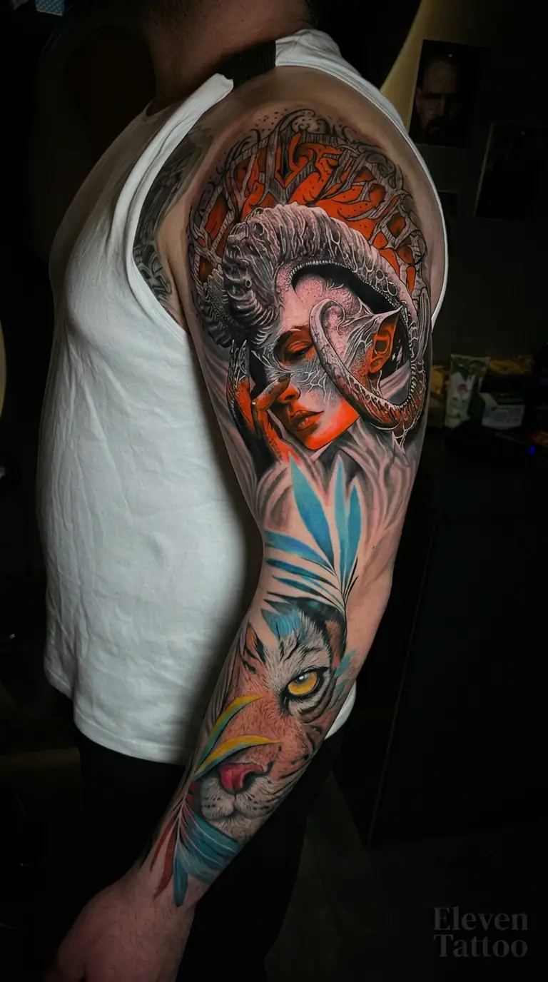 Color realism full sleeve tattoo with portrait and animal details.
