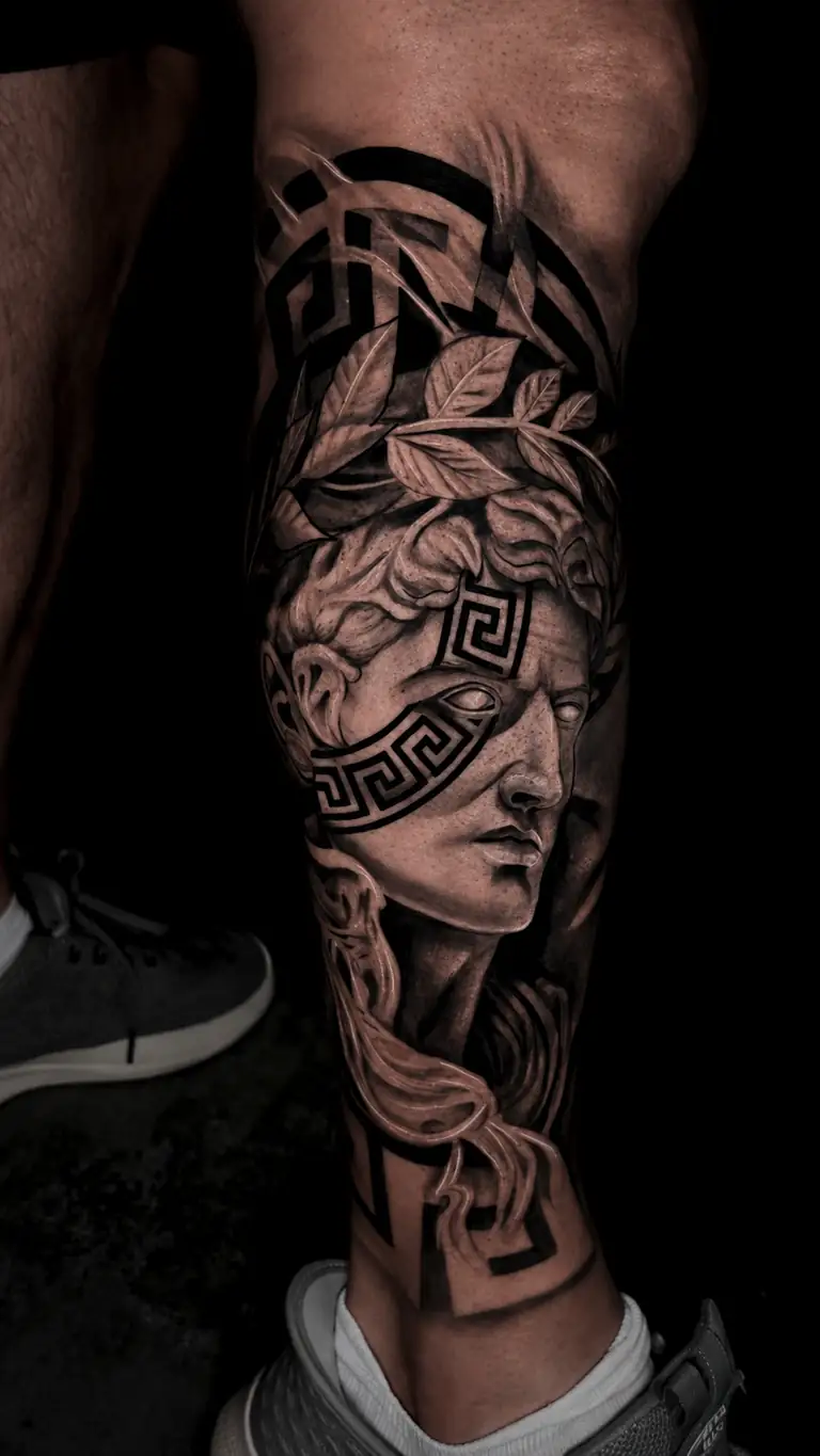 Black and grey realism Greek statue leg sleeve tattoo on the calf.