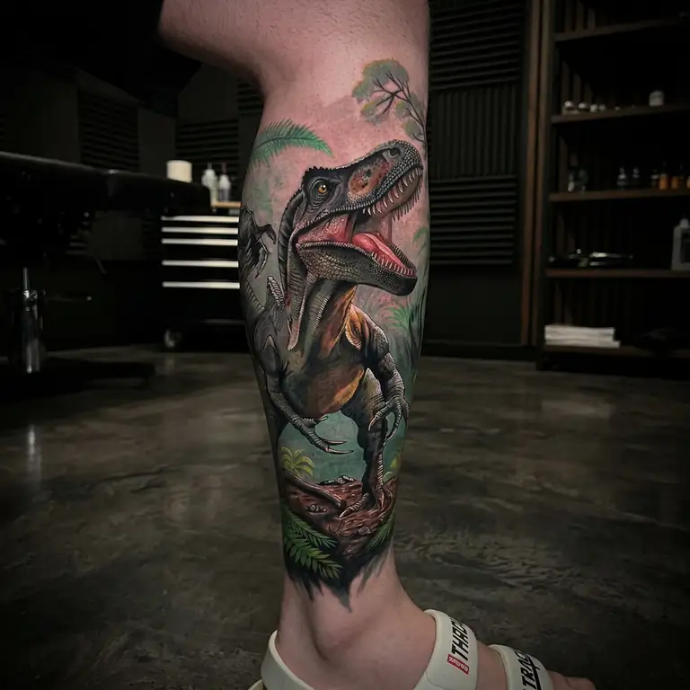 Color realism dinosaur tattoo on the calf.
